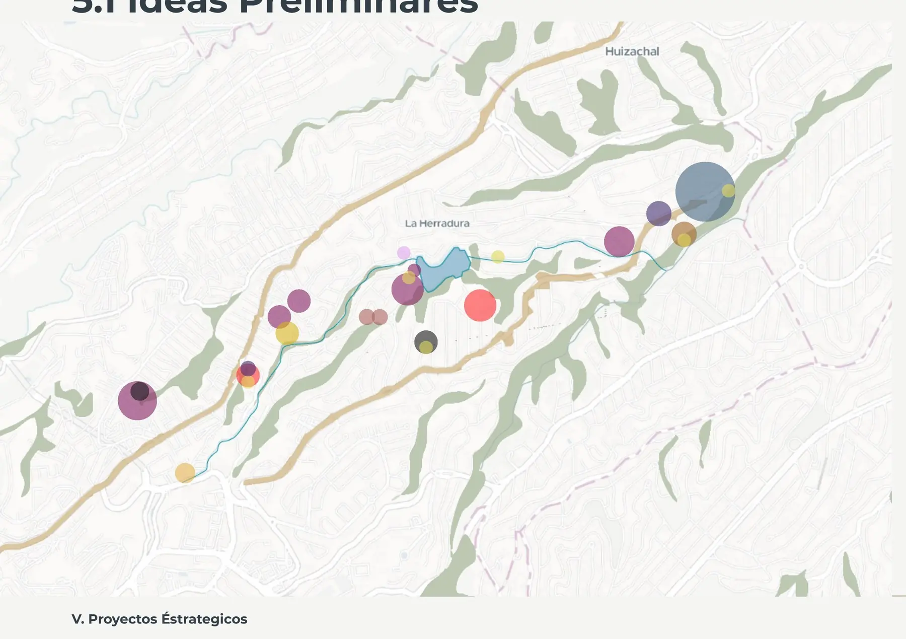 Mapa de sectores con la distribución de usos propuestos a lo largo del sistema hídrico