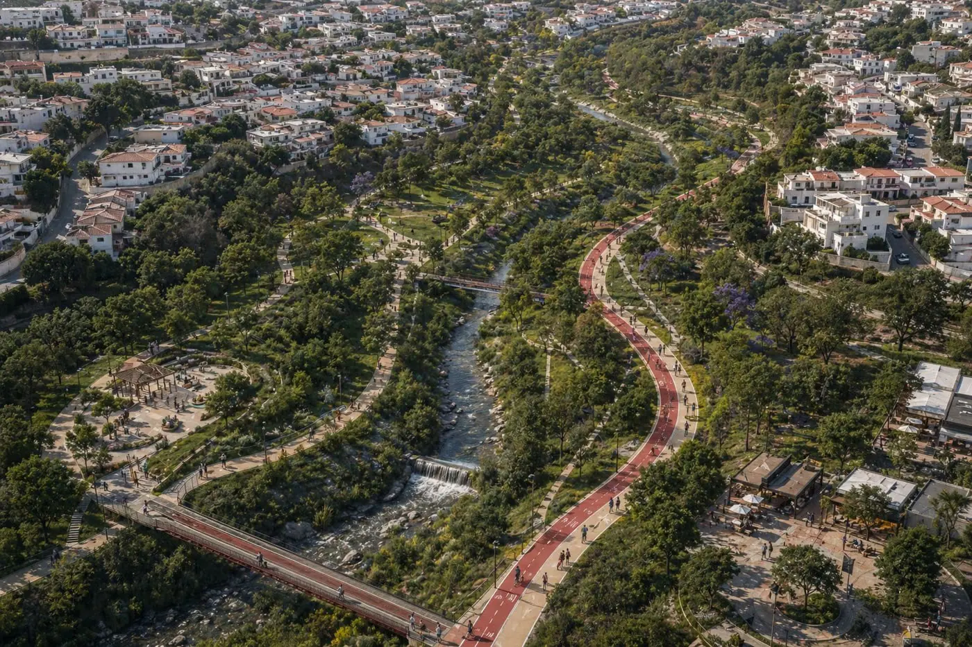 Render preliminar del corredor ribereño del Río San Joaquín con ciclovía y cauce renaturalizado