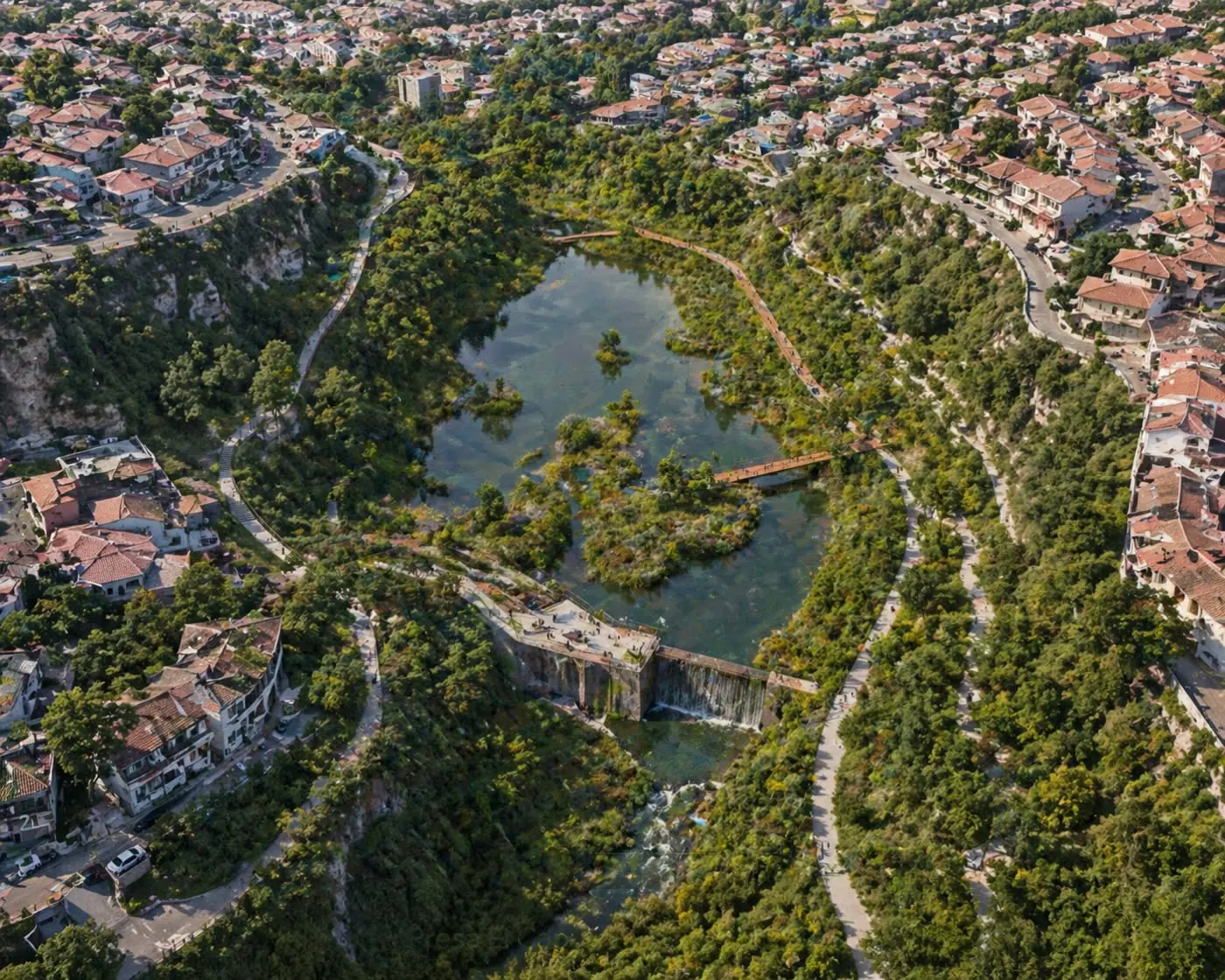 Vista del parque humedal con superficies de biofiltración