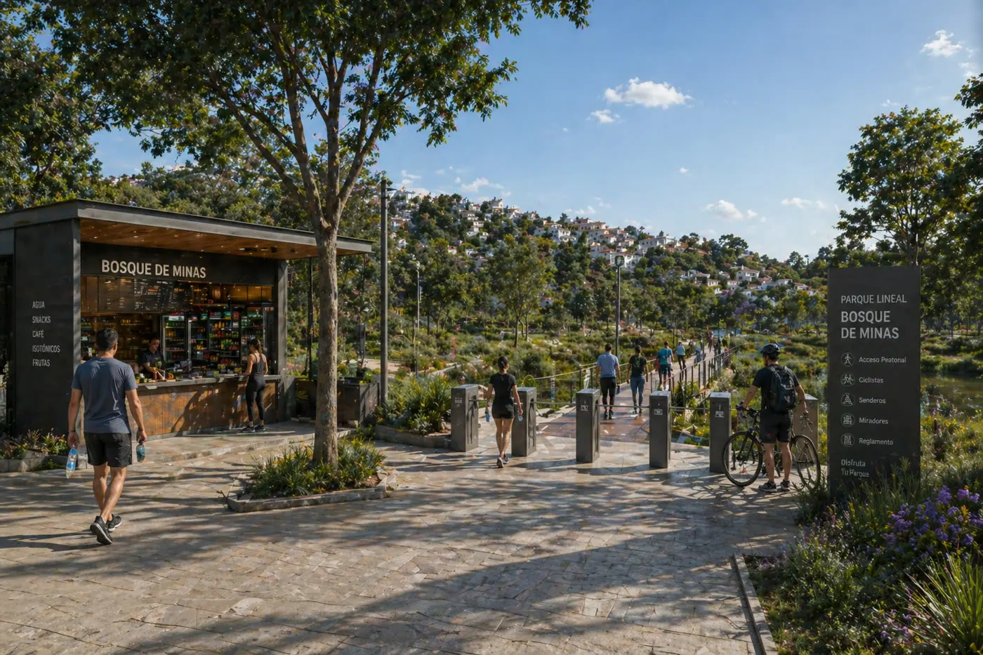 Sendero arbolado y ciclovía junto al agua al atardecer